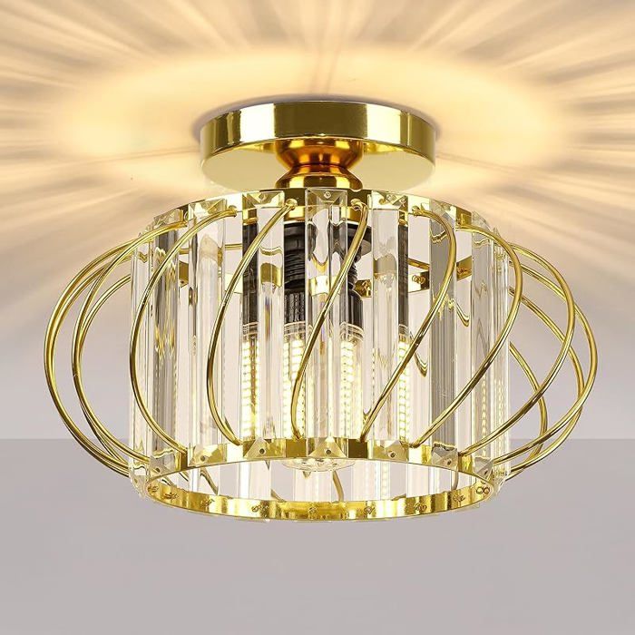Plafonnier Or Lustre Cristal Moderne Plafonnier Métal Rond Abat-jour E27 Lampe Plafond pour Chambre Salon Ø28cm-Or LUSTRE