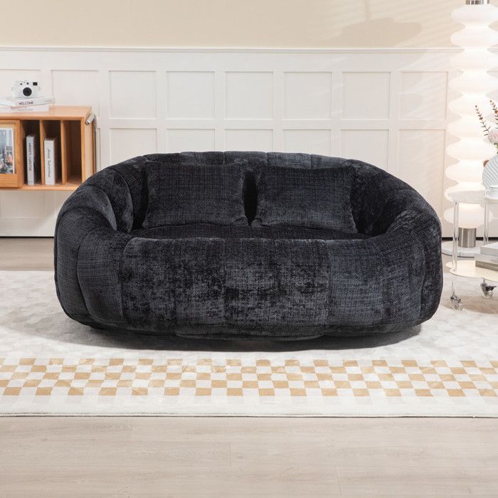 Fauteuil Pouf XXL Adulte Canapé de Sol 2 Places en Chenille Noir Mousse Mémoire de Forme Chauffeuse sans Armature 150cm