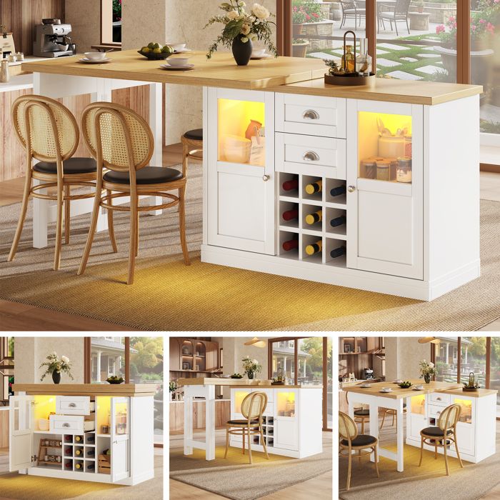 Table à manger extensible - Extensible 120-197cm - Rotation 360° - Éclairage LED 3 couleurs