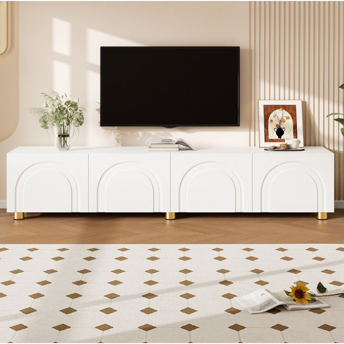 Meuble TV blanc 180 cm à 4 portes avec relief en arc structure PB et MDF pieds métalliques