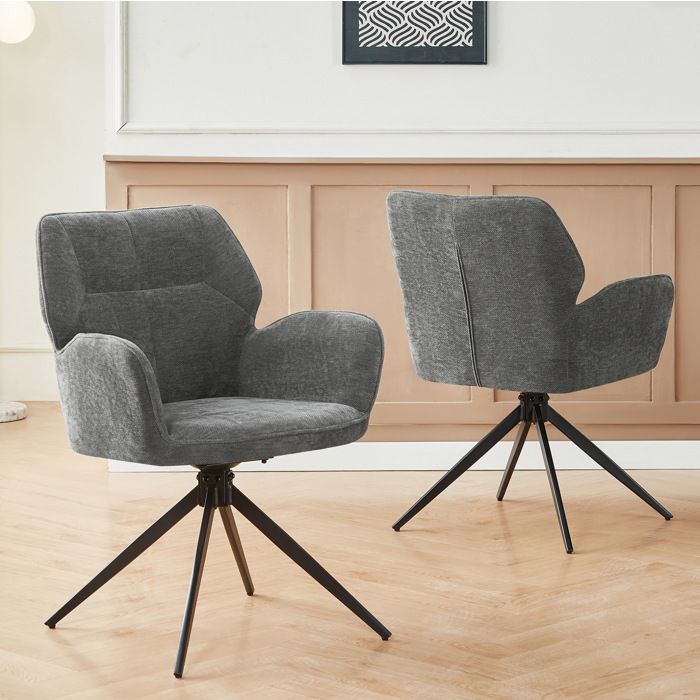 Lot de 2 chaises pivotantes de salle à manger gris foncé tissu aspect velours chenille accoudoirs et pieds métal