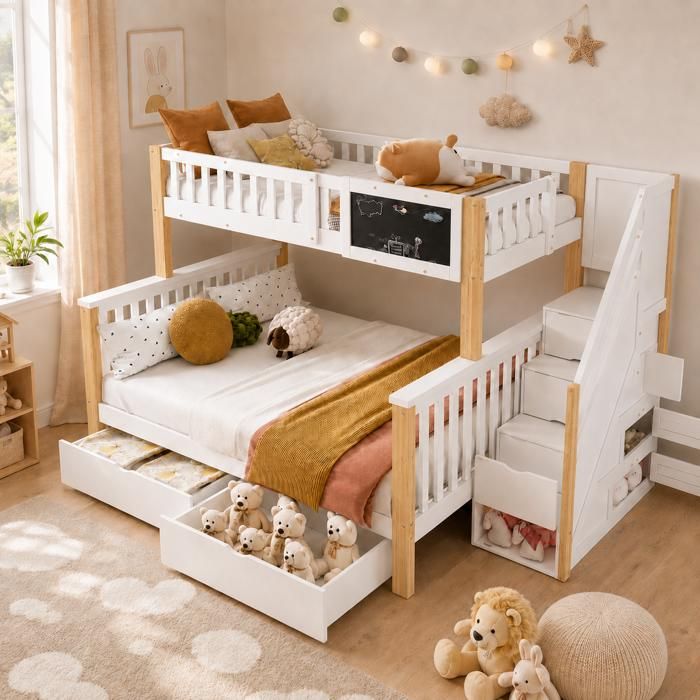 Lit superposé enfant 90x200 cm et 140 x 200 cm avec 2 tiroirs et escalier et rangements Lit enfant avec tableau noir Blanc + Chêne