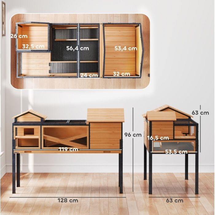 Maison pour tortue et enclos pour petits animaux à 2 niveaux 128 x 63 x 96 cm en bois et acier jaune
