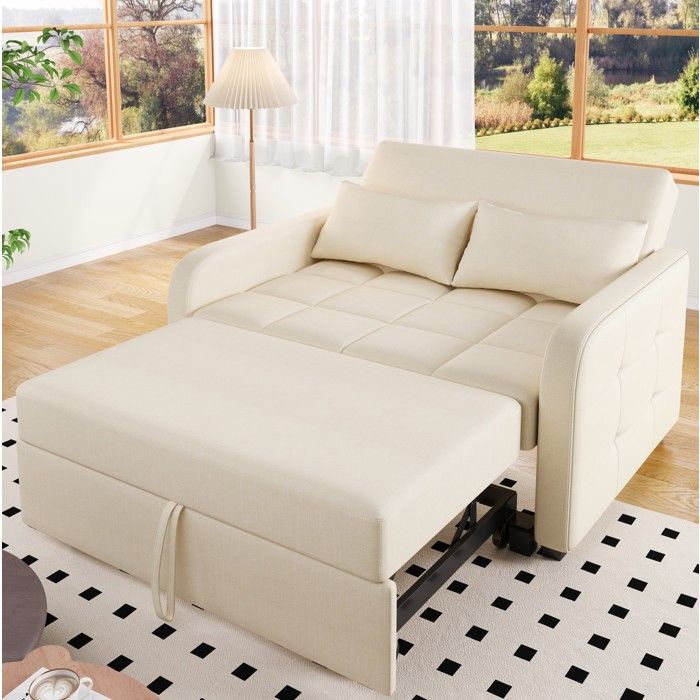 JOINERY canapé convertible 2 places pliant dossier réglable 3 positions 127 x 75 x 94 cm tissu coton et lin beige à roulettes