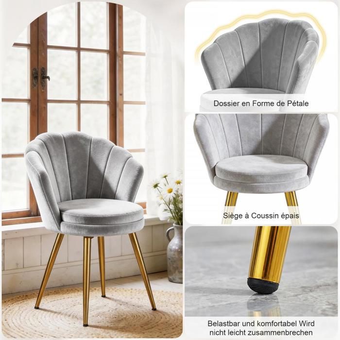 HUOLE Une chaise de salle à manger en velours fauteuil de chambre pour adulte 42 x 40 x 80 cm gris.
