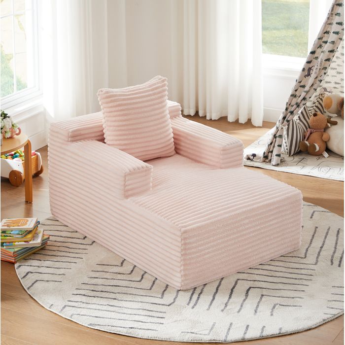 Fauteuil relax méridienne 1 place en tissu côtelé rose convertible dappoint sans montage mousse et ressorts ORVRYN