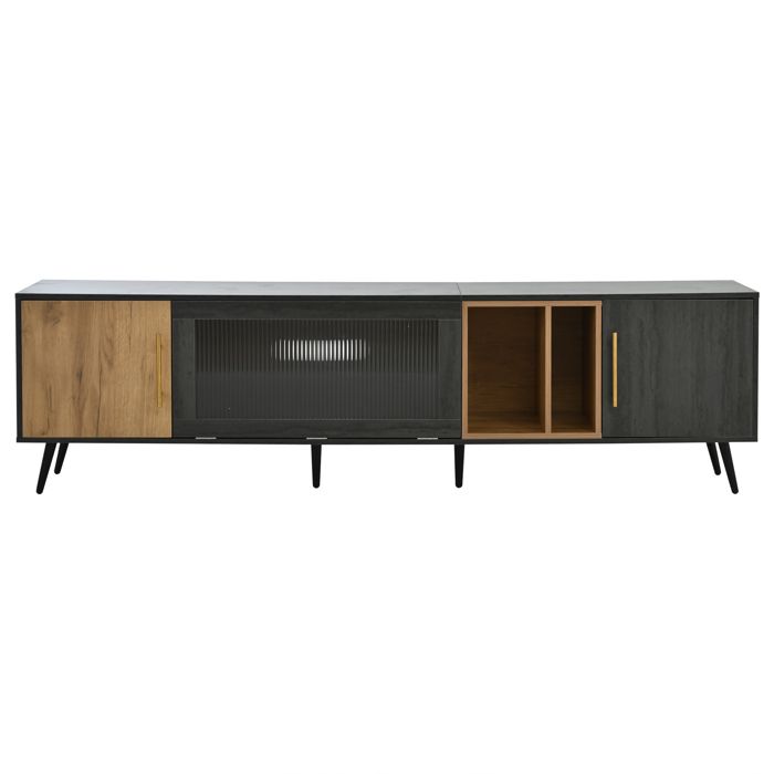 Meuble TV élégant 200 x 40 x 555 cm bois foncé gris et veinures de bois adapté à un téléviseur de 90 pouces
