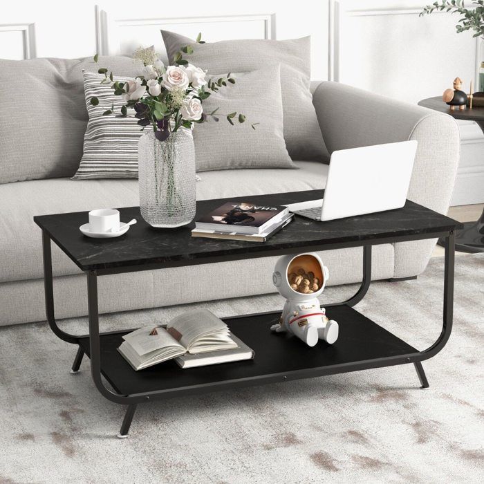 Table basse 2 niveaux avec étagère de rangement effet marbre noir cadre en acier pour salon ou bureau