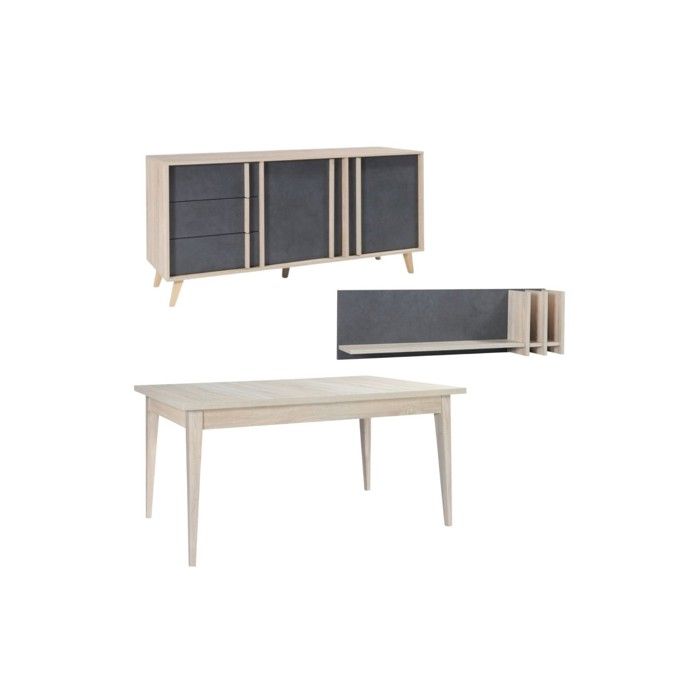 Salle à manger complète MALMO avec table extensible 180-220 cm buffet 165 cm et étagère murale – Chêne clair et gris Salle à manger complète MALMO avec table extensible 180-220 cm buffet 165 cm et étagère murale – Chêne clair et gris
