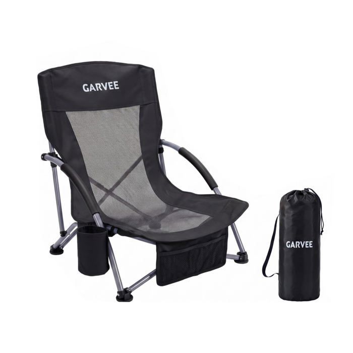 Chaise de plage pliante basse – Assise basse 150 kg – Tissu Oxford et mesh – Porte-gobelet accoudoirs – Noir