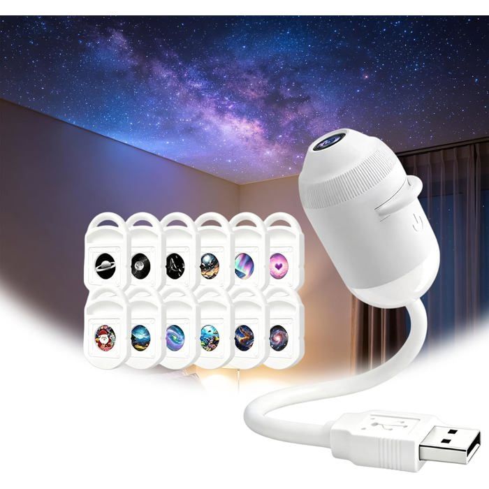 Projecteur de Galaxie Nuit Projecteur de 5d Étoile Holographique 2-en-1 Branché et Utilisable 360° Lampe Étoile Céleste USB 12 Films