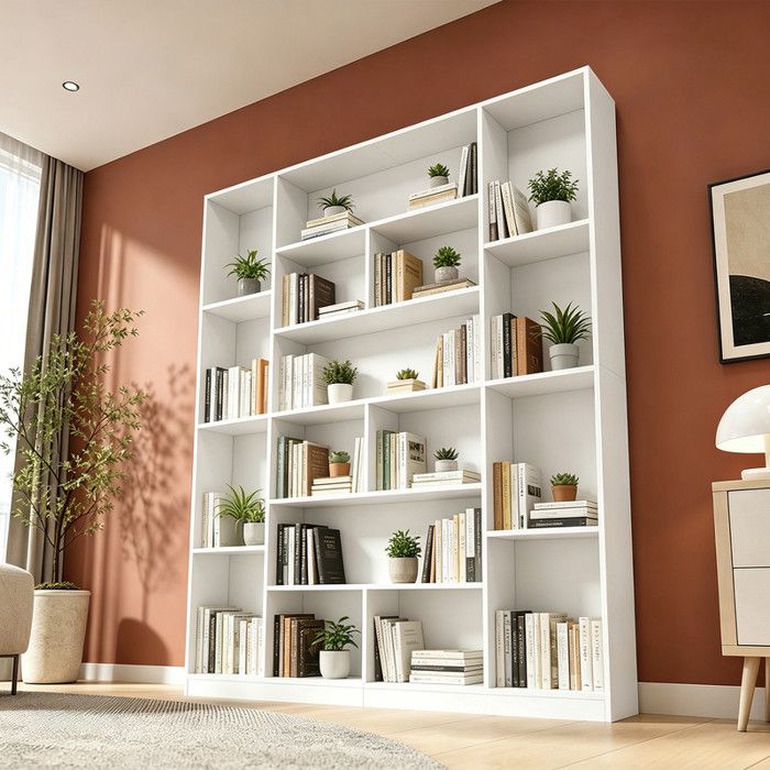 Bibliothèque moderne et minimaliste à 17 compartiments 190 8 cm de haut 150 8 cm de large meuble étroit