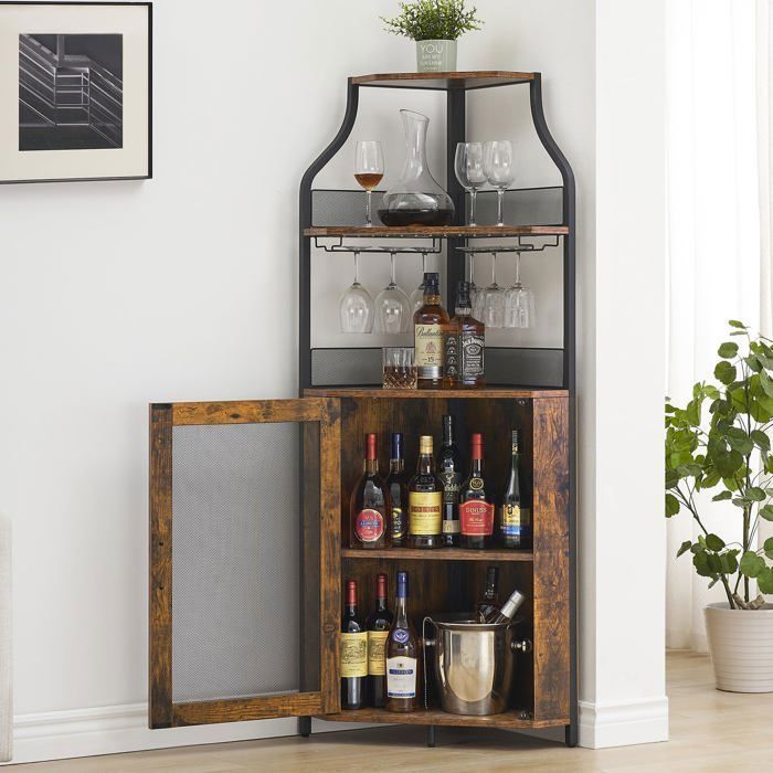 Meuble bar d’angle - Rangement 5 niveaux - Porte grillagée - Casier à bouteilles amovible - 47 x 34 x 154 cm -Marron rétro
