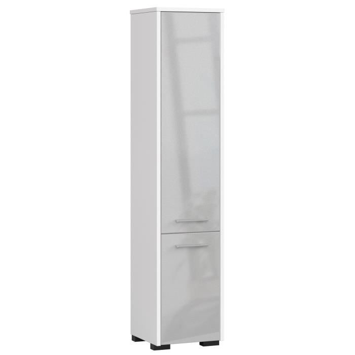 colonne de salle de bain akord fin blanche 30cm - 2 portes métallique brillant - 5 étagères
