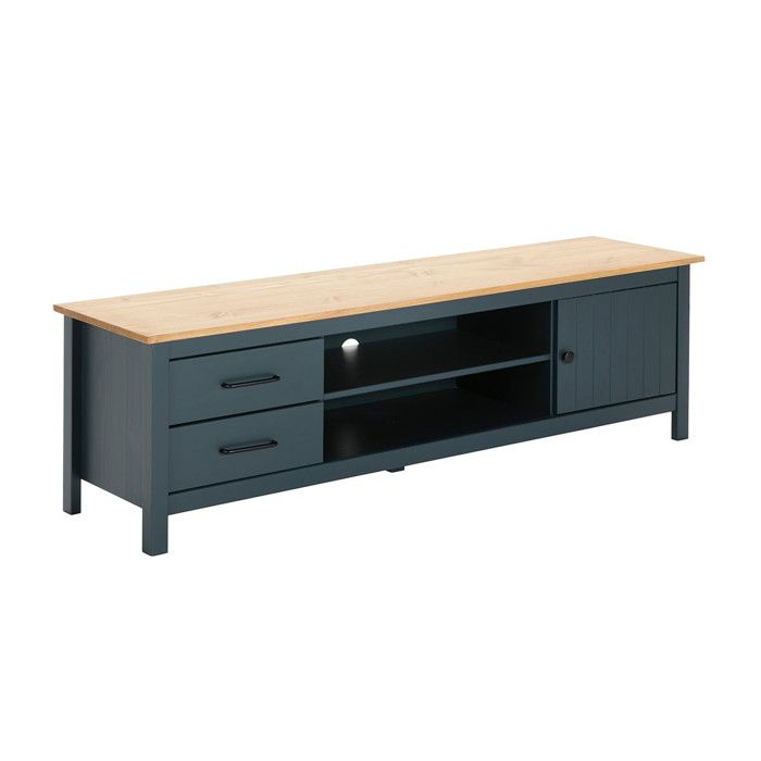 TINA - Meuble TV 1 Porte 2 Tiroirs Bois Ciré et Bleu Pétrole TINA - Meuble TV 1 Porte 2 Tiroirs Bois Ciré et Bleu Pétrole