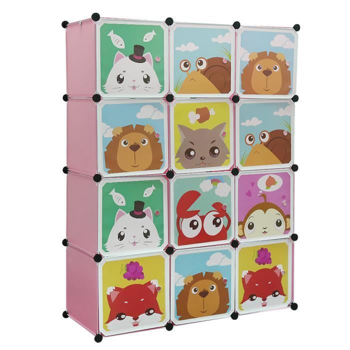 armoire cartoon en antifongique plastique pour enfant avec 12 cubes rangement etagère -rose