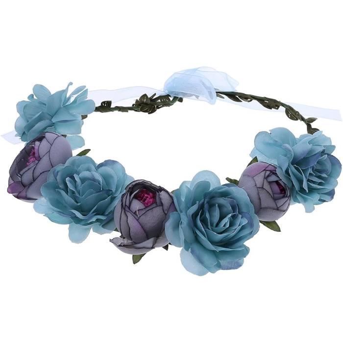 Chapeau Rose Couronne De Mariage Nuptiale - Couronne Ajustable Avec Ruban Bleu Pour Festival, Plage, Fête Fleurs Cheveux