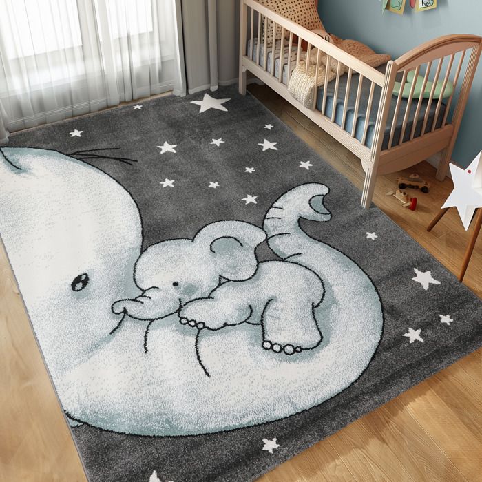 Tapis De Chambre D Enfant Elephant Et Etoiles Gris Blanc Bleu