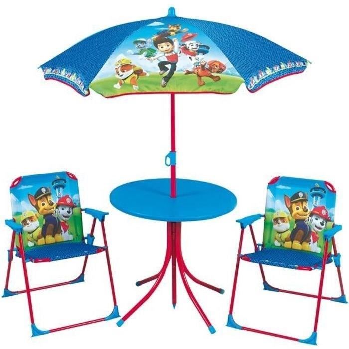 Fun+House+Pat+Patrouille+salon+de+jardin+compose+dune+table+de+2+chaises+pliables+et+un+parasol+pour+enfant