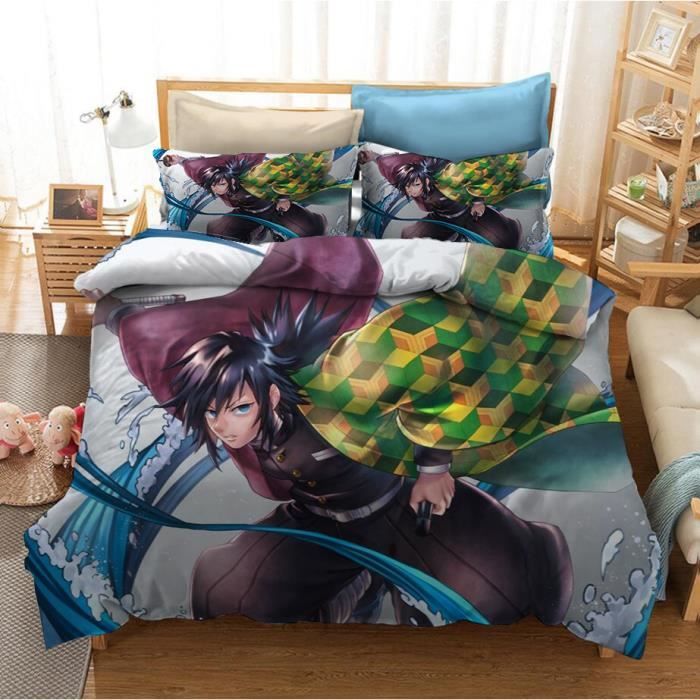 Parure De Lit 3 Pièces Demon Slayer Imprimé 3D Microfibre - Housse Couette + Taies Single 140x200cm