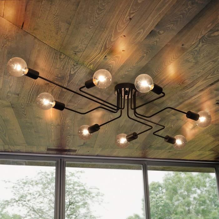 Plafonnier Lustre Vintage Led Noir 8 Luminaire Lampe Plafonnier