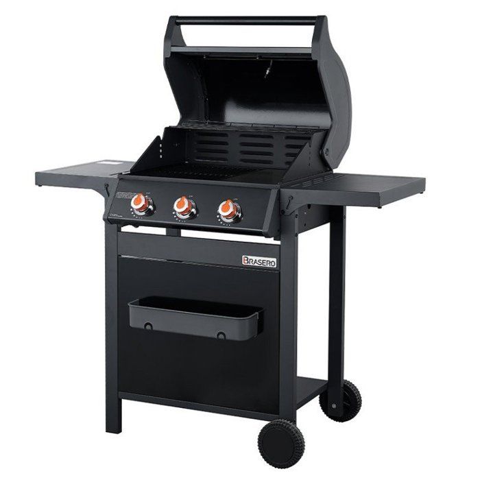 Barbecue à gaz BRASERO Spring II 3 Feux - Surface de cuisson mixte - 1/2 plaque Fonte- 1/2 grille Fonte - 9,45 kW Noir