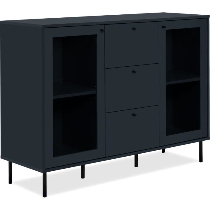 Buffet salle à manger CARACAS - Décor bleu navy - 2 portes vitrées + 3 tiroirs - L120 x H90 x P40 cm