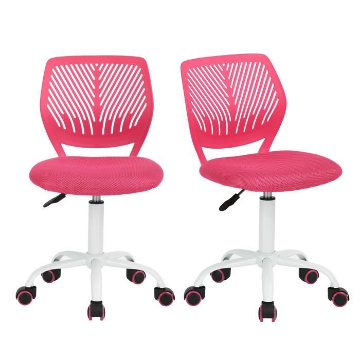 furniturer lot de 2 chaise de bureau adolescents hauteur réglable avec siège en tissu ergonomique, rose