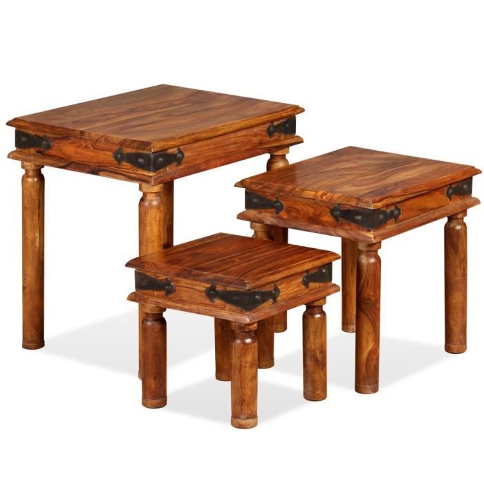 3 Pcs Table Basse Gigogne Vintage En Bois Massif De Sesham Marron