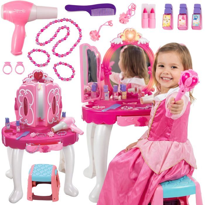 Coiffeuse interactive enfant avec miroir magique sons lumières MP3 + tabouret et sèche-cheveux (KP8846)