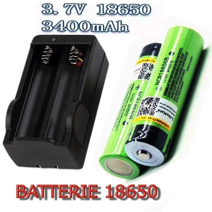 ®cbox pack de 2 piles batteries rechargeables 18650 3400mah + chargeur pour torche et lampe
