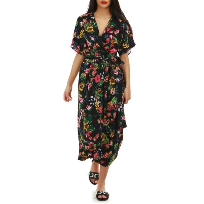 Robe Longue Noire Cache Coeur Imprime Floral S M Noir Achat
