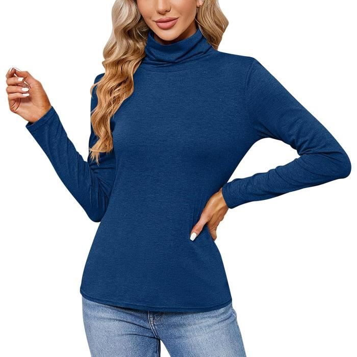 T Shirt Femme Manches Longues Col Roule Basique Moulant Hiver Automne Bleu