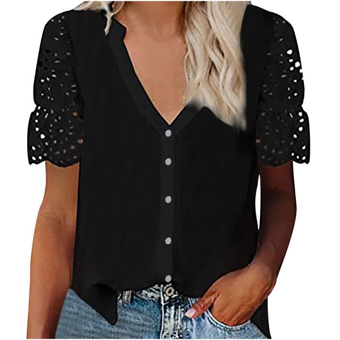 Chemisier Femmes Solide Col V Dentelle Crochet Oeillet Manches
