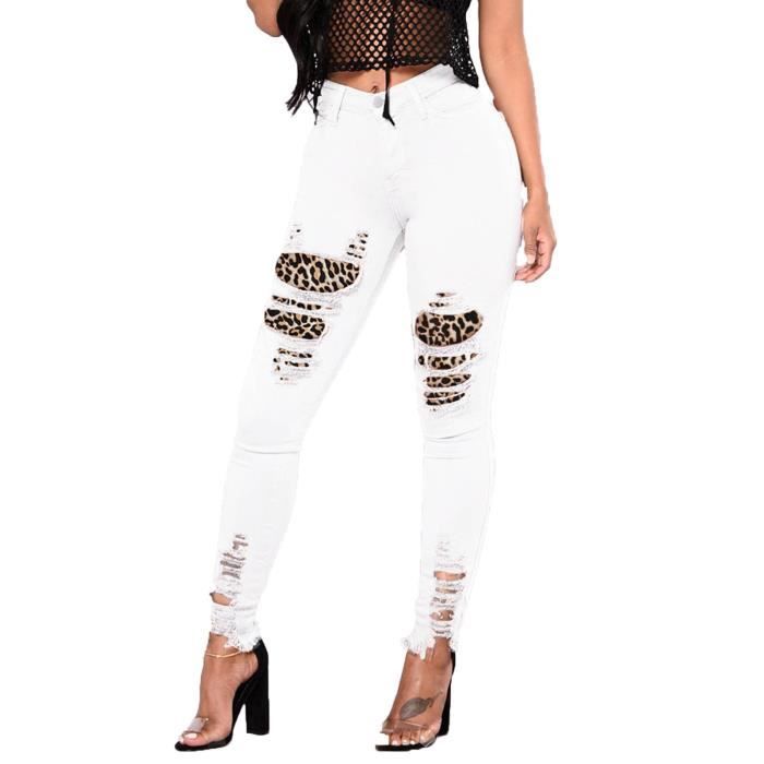 Jeans poche zipp e avec bouton trou pour femme m950 Blanche