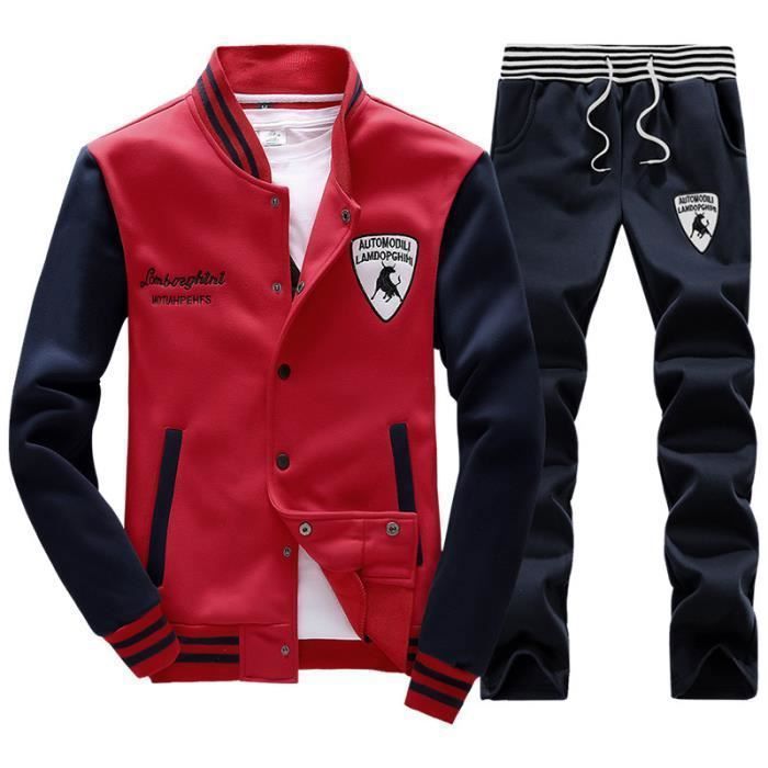 (Veste et Pantalon) Survêtement Homme Ensemble Blouson Sweat shirt Jogging Manteau BK37A2 rouge