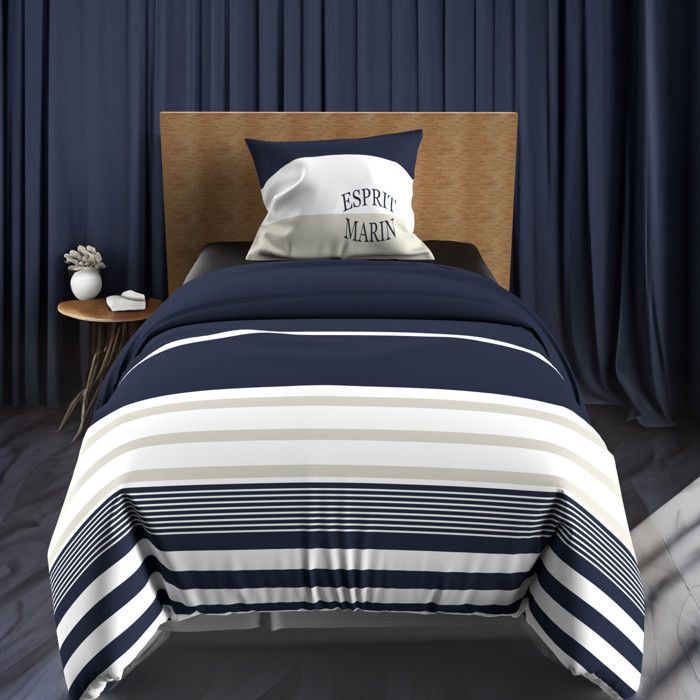 Parure housse de couette 140x200 cm en coton 57 Fils MARIN bleu par Soleil docre