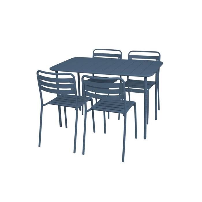 Table de jardin métal + 4 assises bleu marine en acier. Amelia. 120 x 70 x 72.5 cm Table de jardin métal + 4 assises bleu marine en acier. Amelia. 120 x 70 x 72.5 cm
