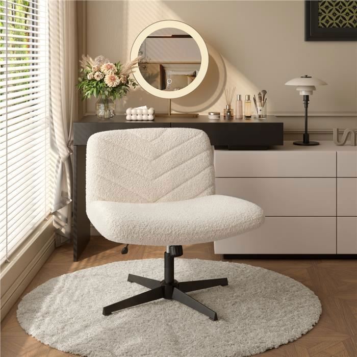 Chaise Pivotante Design-Tissu Bouclette Doux Structure Pied Croisé Sans Accoudoirs - Idéale Coiffeuse et Chambre-Ivoire-YAHEETECH