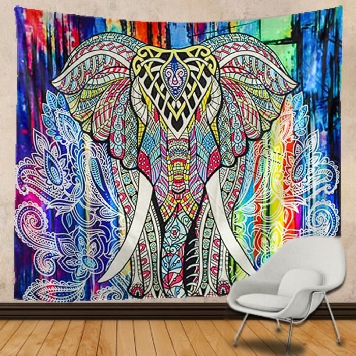 Tapisserie Murale Indienne éléphant - Coton Brodé Main - Vintage 2,10 X 2,10 Pieds