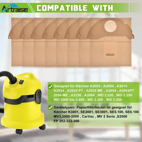 Artraise Sacs Aspirateur pour Kärcher WD2, lot de 8 sacs filtrants en  papier Sacs filtrants Premium pour sacs d'aspirateur Kä[O323] - Cdiscount  Electroménager