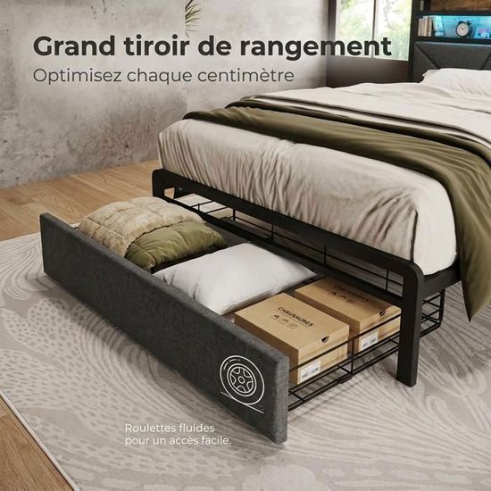 Lit Coffre 1 Place 90x200 Cm Avec Rangement Hydraulique - Tissu Lin, Ports USB/Type-C, éclairage LED, Sans Matelas