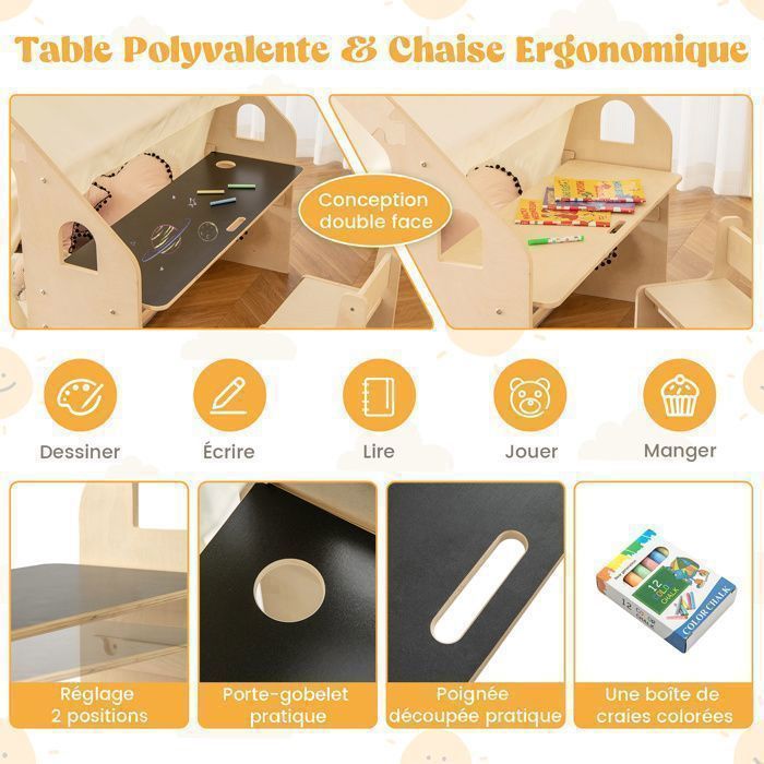 COSTWAY 6 en 1 Tente de Jeu en Bois Enfant avec Tableau Noir & Chaise & Bac, Maison de Jeu Enfant avec Coussin de Sol Amovible & Rideaux, Maisonnette pour 3-4 Enfants