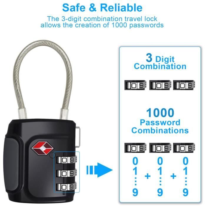 4 Cadenas à Code Câble Long - Combinaison 3 Chiffres - Pour Valise, Casier, Vélo - 2 Tailles - MAIXINNEW