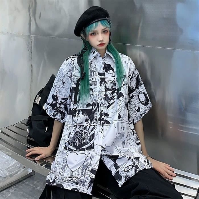 Chemise Chemise a boutons pour femmes Streetwear Harajuku imprime Manga chemisier Hip Hop coreen Top Femme Vintage F142557643 Blanc Cdiscount Pret a Porter