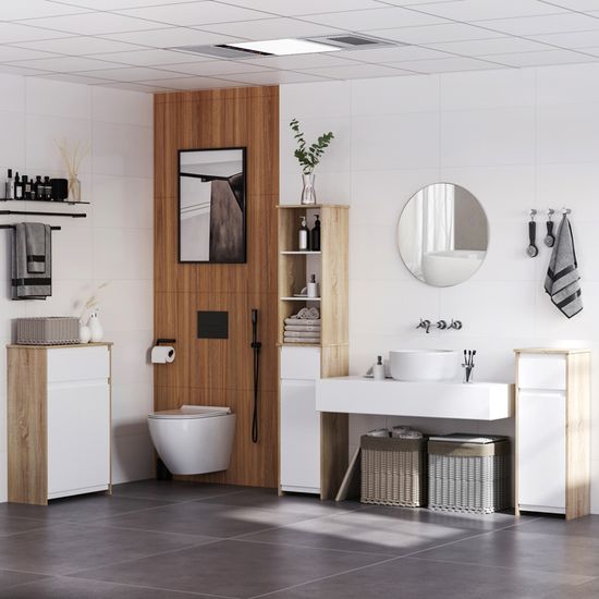 Meuble Salle De Bain Kleankin - Armoire Avec Tiroir Et Placard - 90x32.6x30 Cm - Style Bois Et Blanc