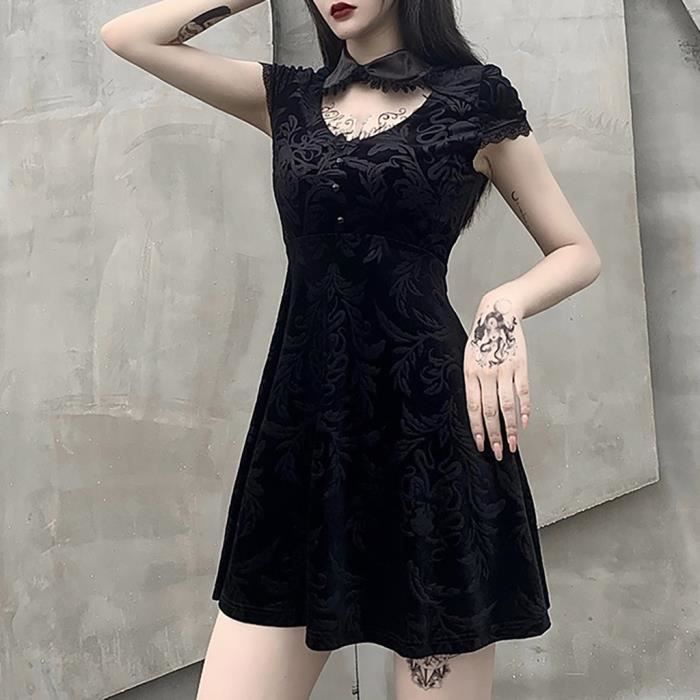 Robe d ete femme col claudine punk dentelle bouton robe gothique a manches courtes CSF200714485L Noir Cdiscount Pret a Porter