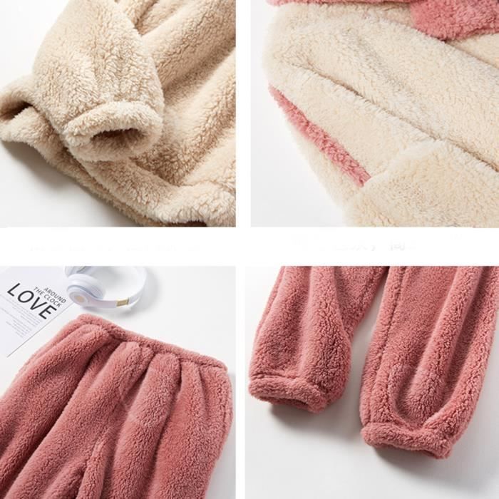 Pyjama Femme Hiver Velours épais - Ensemble 2 Pièces Chaud, Col Revers, Poches, Taille élastique, Vêtement Maison
