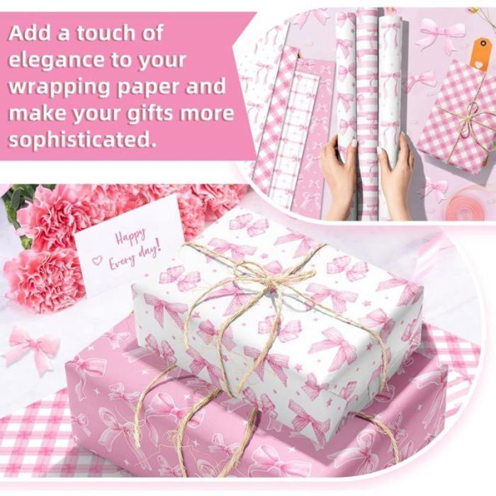 Papier Cadeau Avec Nœud Rose - Lot De 12 Feuilles 68x50 Cm - 6 Motifs Différents - Pour Anniversaire, Fête Des Mères, Saint-Valentin