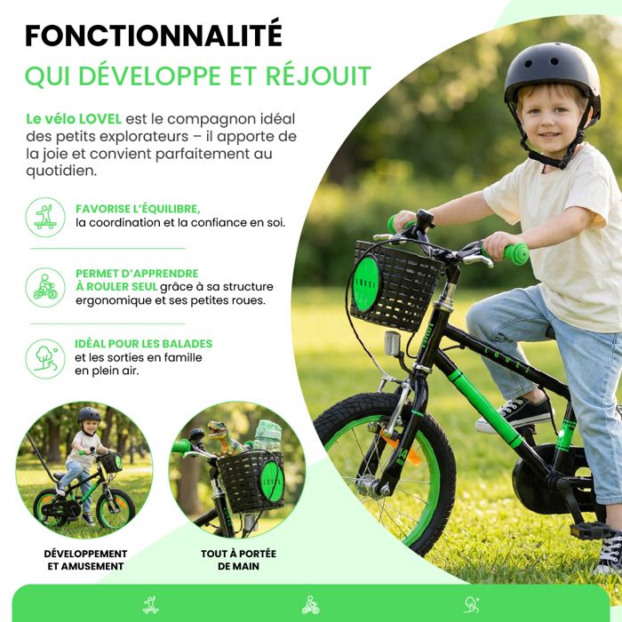 Sun Baby Vélo LOOFI 12/14/16 Pouces – Cadre Alu, Roues Stabilisatrices, Panier, Sonnette, Autocollants, Freins V-Brake